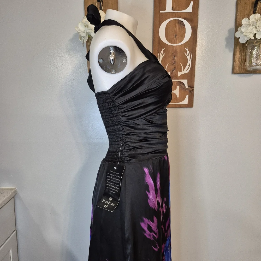 bebe Denora Bloom Silk Iris Tie Halter Silk Dress NWT - Picture 6 of 14